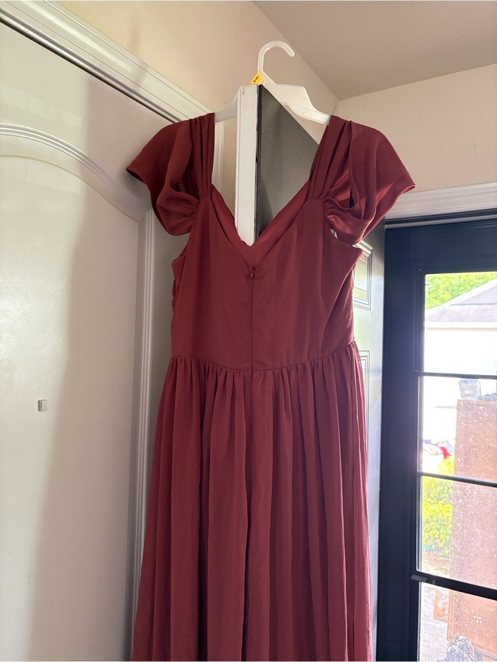 Flowing Rust Maxi Dress with Ruffled Cap Sleeves